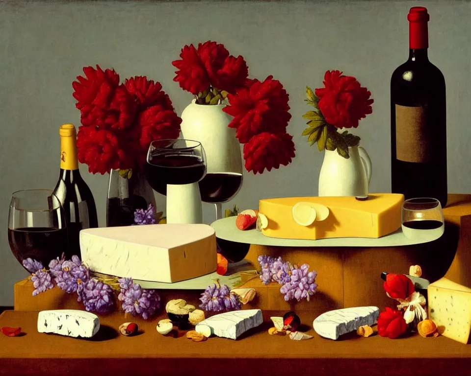 Prompt: an achingly beautiful still life featuring blooming flowers, cheeses, and flowing red wine by Raphael, Hopper, and Rene Magritte. detailed, romantic, studio lighting, enchanting, trending on artstation.