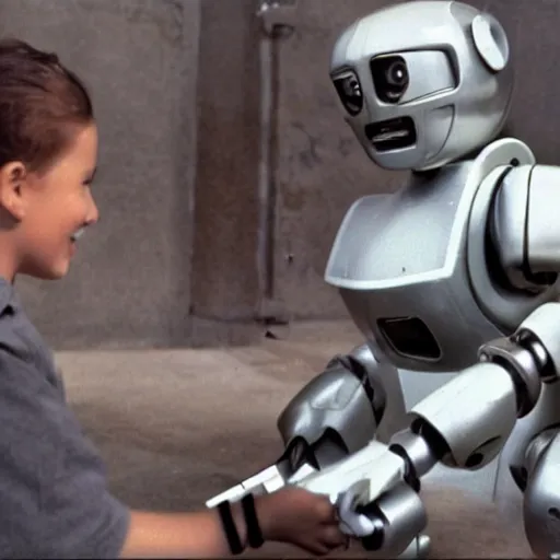 Prompt: clunky boxy 1 9 5 0 s movie robot, live action, real life, 5 0 s sci - fi film scene of a kid meeting a friendly robot