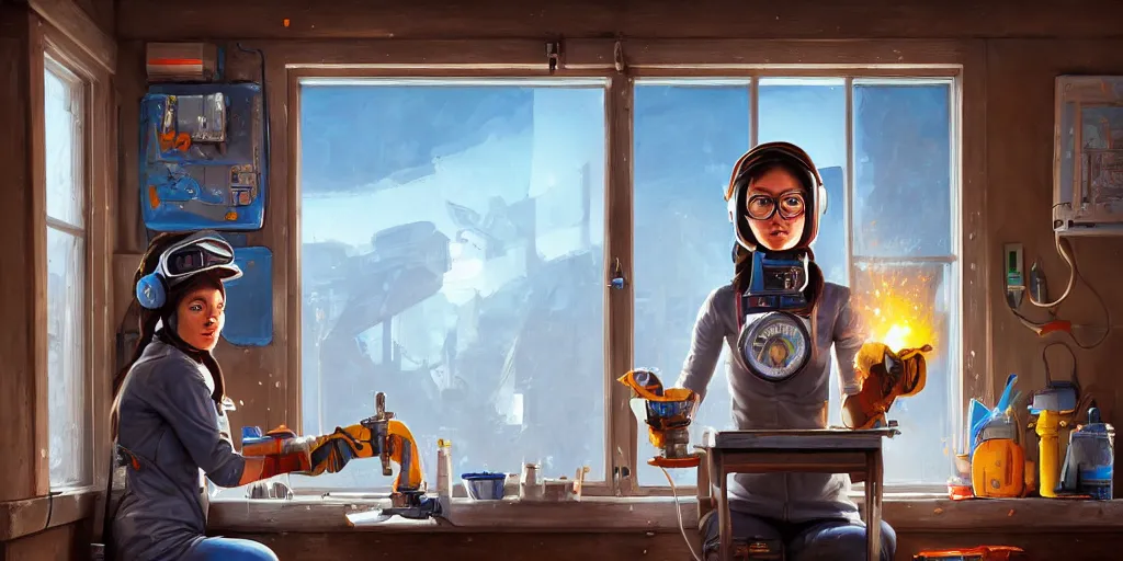 Prompt: highly detailed portrait painting of welder girl perfect symmetrical face, room mono window, table mess, by eddie mendoza and tyler edlin, 8 k resolution