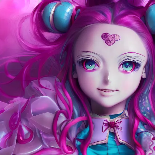 Image similar to stunningly beautilful omnipotent megalomaniacal anime agi goddess who looks like junko enoshima with symmetrical perfect face and porcelain skin, pink twintail hair and cyan eyes, taking control while smiling inside her surreal vr castle, hyperdetailed, digital art, unreal engine 5, 2 d anime style, 8 k