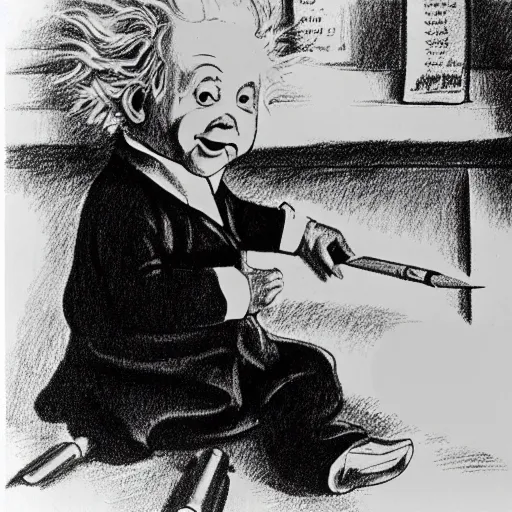 Image similar to Baby Albert Einstein making a crayon drawing of plans for a rocket