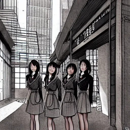 Prompt: a perfect, realistic professional digital sketch of a Japanese schoolgirls posing in a sci-fi alleyway, style of Marvel, full length, by pen and watercolor, by a professional American senior artist on ArtStation, a high-quality hollywood-style sketch, on high-quality paper