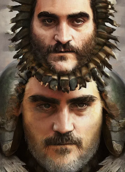 Prompt: digital painting of joaquin phoenix wearing armor made of animals, cow horns, pig nose, sheep wool, chicken feather armor, majestic, by anna podedworna and miklos ligeti, diego maricato, taran fiddler, antonino truisi, chris reddie, jinsung lim, on artstation