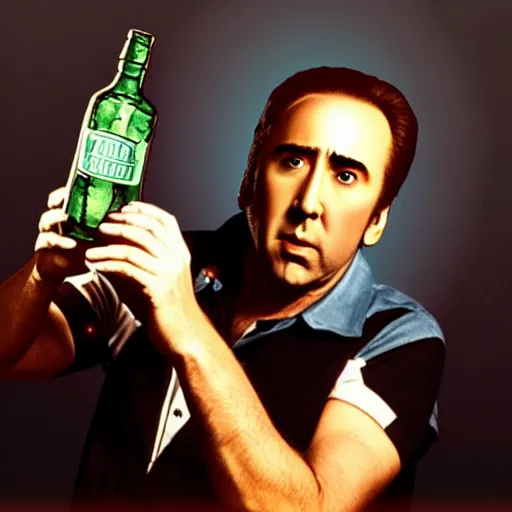 Image similar to Drinking of liquid Nicolas Cage from bottle.