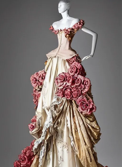 Prompt: a haute couture dress of melting roses and butterfly, costume design, rococo style ， fluid dynamics, highly detailed