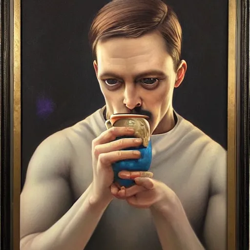 Image similar to by tom bagshaw, ultra realist soft painting of a daily clothed man drinking his coffee while watching the bomb explode, partial symmetry accurate features, very intricate details, focus, curvy, award winning, ultra dense fog