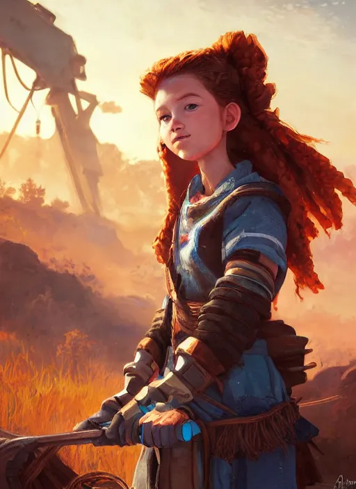 Image similar to a portrait digital painting of a young girl that looks a bit like aloy from horizon : new dawn. she's wearing a mechanics uniform and has been working on some large machinery. painted by artgerm, ross tran.