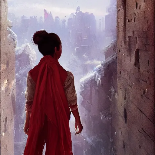 Prompt: a young girl wearing a red scarf around her neck standing on top of an impossibly tall wall, looking down at what is on the other side. she wears a white shirt and trousers and a very long red scarf around her neck that trails down a long way. beautiful fantasy painting by greg rutkowski