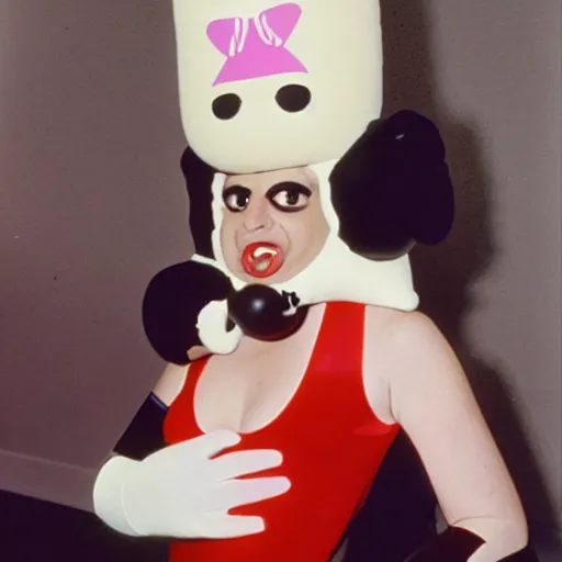 Image similar to 1976 woman wearing an inflatable plastic mouth, soft color,wearing a leotard 1976 holding an anthropomorphic finger, color film 16mm Almodovar John Waters Russ Meyer Doris Wishman old photo