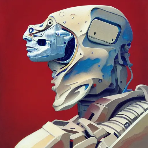 Image similar to portrait half face robot,highly detailed, very coherent, painted by Francis Bacon and Edward Hopper, Wayne Barlowe, painted by James Gilleard, surrealism, airbrush, art by JamesJean