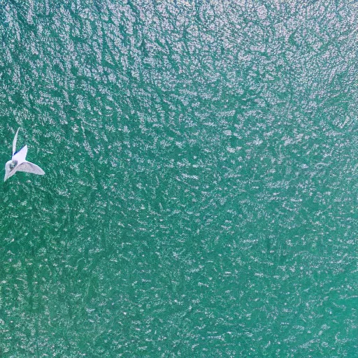 Image similar to simmetrical photo of a seagull flying seen exactly from above. Watching down. Seagull seen from above. 4k still award winning. Pleasant look and colors. Sea on the background.