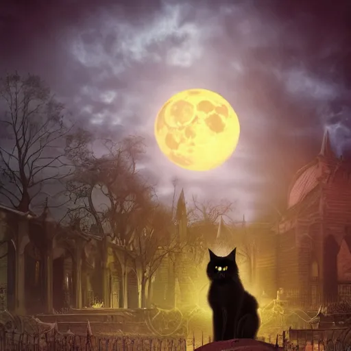 Prompt: an ultradetailed animation of a black cat in graveyard at midnight halloween tattoo, digital art, dark fantasy, concept art, soulslike, by alphonse mucha, blood moon eclipse, ruined building in the background, artstation, 8 k, unreal engine render