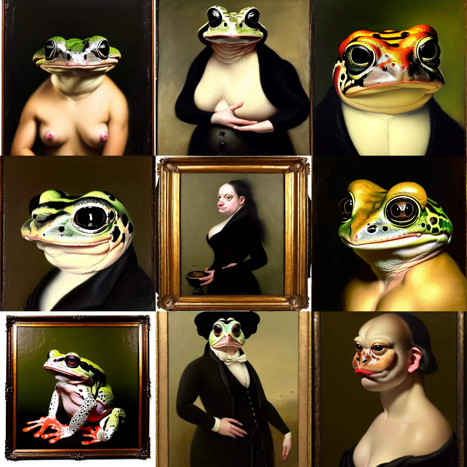 Prompt: a head - and - shoulders portrait of an anthropomorphic amazon milk frog looking off camera wearing a black frock coat, an american romanticism painting, a portrait painting, cgsociety, soft focus, oil on canvas