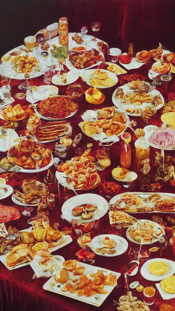 Image similar to 1 9 6 0 s food magazine photo of a lavish spread of disgusting and strange party foods, on a velvet table cloth, soft focus