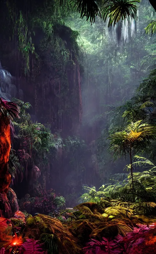 Image similar to a beautiful render of a dark prehistoric rainforest in a humongous cave, lush flora, patches of yellowish - orange, red, magenta sky, sunset, floating mountains and a waterfall in the background, intricate detail, hazy, humid, volumetric lighting, 8 k, photorealistic, raytracing effects, unreal engine 5