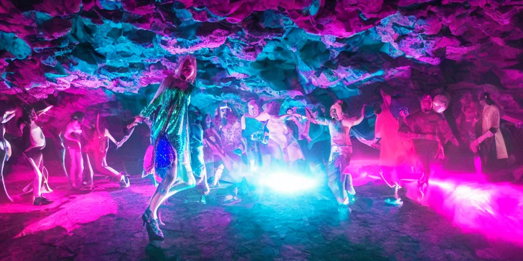 Image similar to cinematic shot of a goth disco nightclub in a cave, (((sphere of holographic knives))) made of pink lasers and blue crystals, goth people dancing, 8k photograph