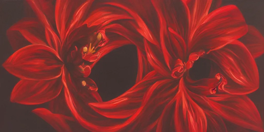 Prompt: a chiaroscuro oil painting of a infinity recursive red flower