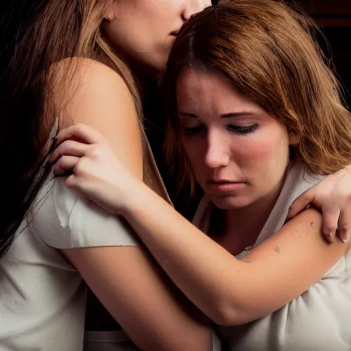 Prompt: photo of a beautiful angel woman comforting a woman