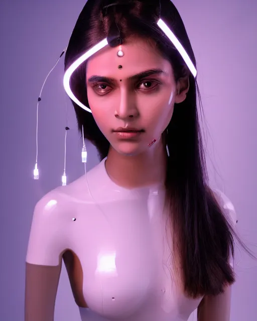 Image similar to 3 / 4 portrait photo of sensual indian girl as a cyberpunk mecha humanoid robotic head shoulder parts with straight bright led lights, inside white room, ultra - realistic and detailed, 8 k