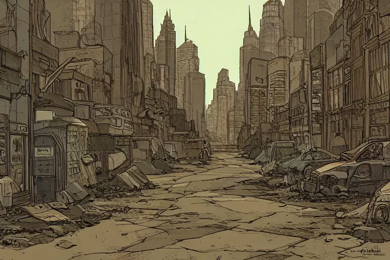 Prompt: A post apocalyptic city street in the style of a Moebius drawing