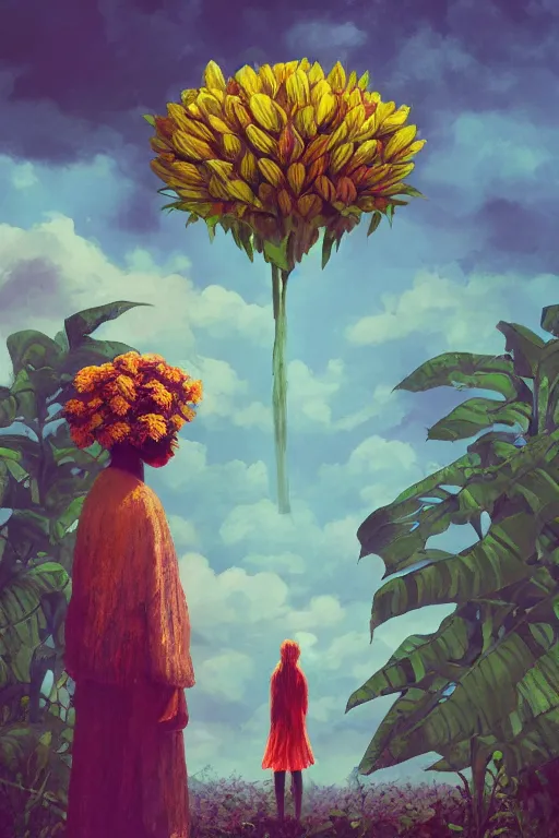 Prompt: closeup, giant flowers head, girl standing between monsteras, surreal photography, wind and cold, dramatic sky, impressionist painting, digital painting, artstation, simon stalenhag