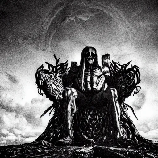 Prompt: death metal god sitting on a throne of bones, black hole halo, demon ghosts around, lava mist, surreal, haunted, in the photographic style of don mccullin