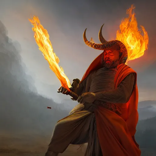 Prompt: ram horned monk brings fire down from the sky, medieval style, trending on artstation, highly detailed, digital painting, volumetric light, 8k