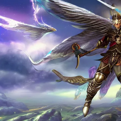 Image similar to hyperrealistic render of a winged male fantasy warrior flying through a magical world