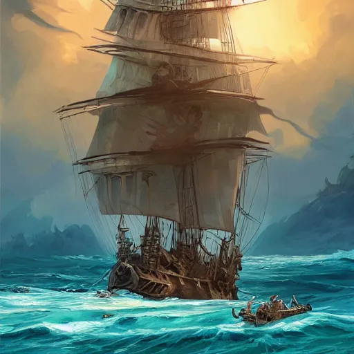 Image similar to a large pirate ship floating on top of a body of water, pirates flag , cgsociety, fantasy art, 2d game art, concept art , ambient occlusion, behance hd , concept art by Jesper Ejsing, by RHADS, Makoto Shinkai Cyril Rolando