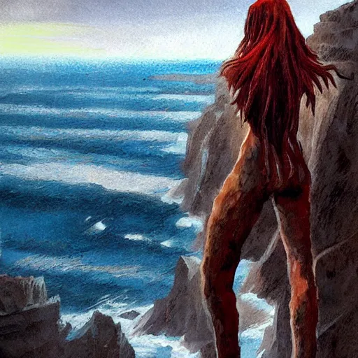 Image similar to improvisational by steve henderson. a beautiful print of a human - like creature with long, stringy hair. the figure has no eyes, only a mouth with long, sharp teeth. the creature is standing on a cliff overlooking a dark, foreboding sea.