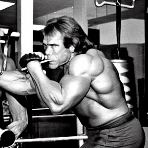 Prompt: Bigfoot pumping iron with Arnold Schwarzenegger in the gym, circa 1978 vintage 24mm