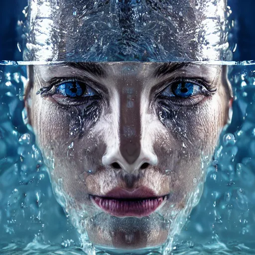 Image similar to water artwork manipulation in the shape of a human head, on the ocean water, ray tracing, realistic water sharp focus, long shot, 8 k resolution, cinematic, amazing water art