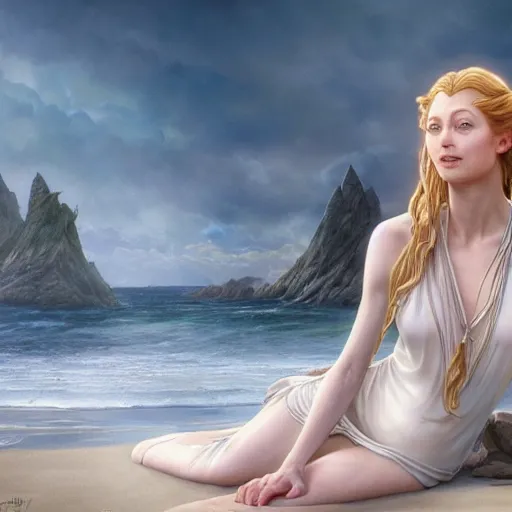 Image similar to painting of galadriel relaxing on the beach, lord of the rings, ultra realistic, concept art, intricate details, eerie, highly detailed, photorealistic, octane render, 8 k, unreal engine. art by artgerm and greg rutkowski and alphonse mucha