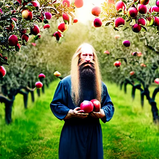 Image similar to beautiful professional portrait photograph of a wizard with a very long beard brewing potions in an apple orchard