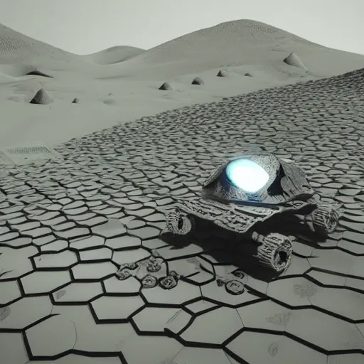 Image similar to robotic vehicle, lunar landscape, honeycomb pattern, concept art