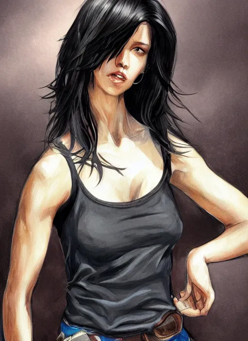 Prompt: a black haired woman in a tank top, muscular upper body, abs, d & d, fantasy, intricate, elegant, highly detailed, digital painting, artstation, concept art, smooth, sharp focus, illustration, art by howard chaykin