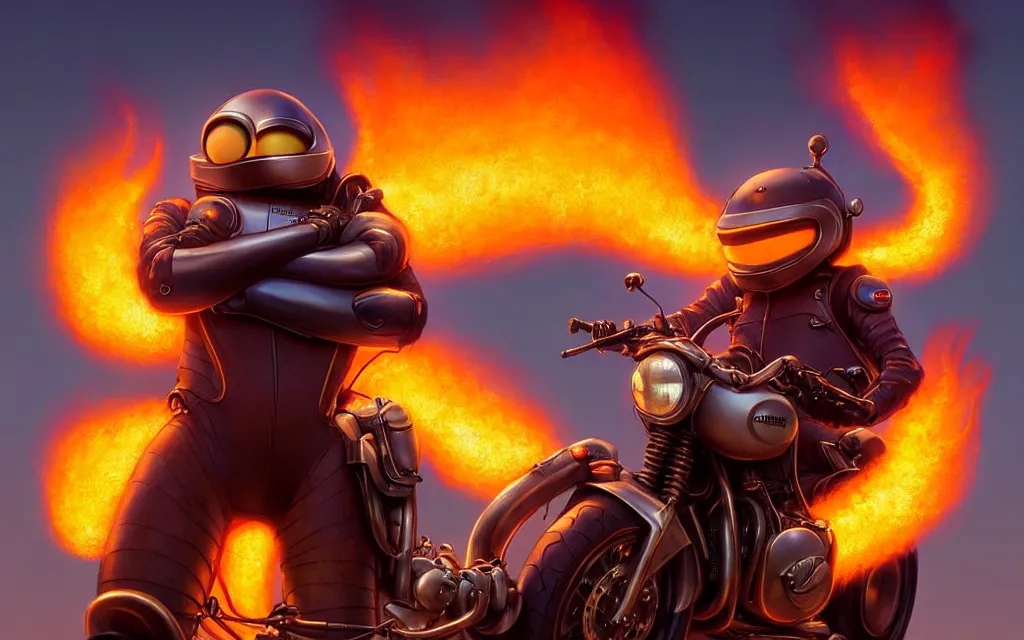 Prompt: weta disney pixar character shot of 🏍 by pixar : : flames : : by weta, greg rutkowski, wlop, ilya kuvshinov, rossdraws, artgerm, marvel, unreal engine, bright morning, anime