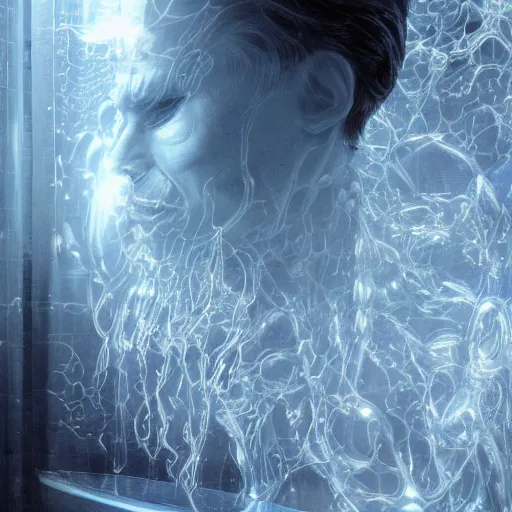 Prompt: man suspended weightless in water inside glass tank. wearing light blue complex hyperdetailed technical suit. white hair flowing. reflection. rays and dispersion of light. volumetric light. 5 0 mm, f / 3 2. noise film photo. ultra realistic, wide angle. wayne barlowe, hajime sorayama aaron horkey, craig mullins