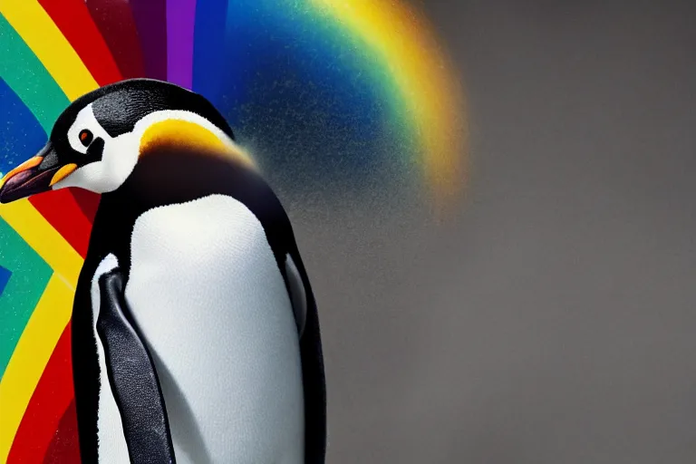 Image similar to a cinematic photo of a penguin, rainbow, lemonade, masterpiece