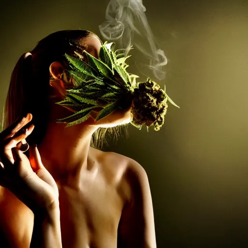 Image similar to marijuana bud woman smoking, epic award winning professional profile photography, dystopian esoteric surrealism, dramatic cinematic lighting, high times, 8 k