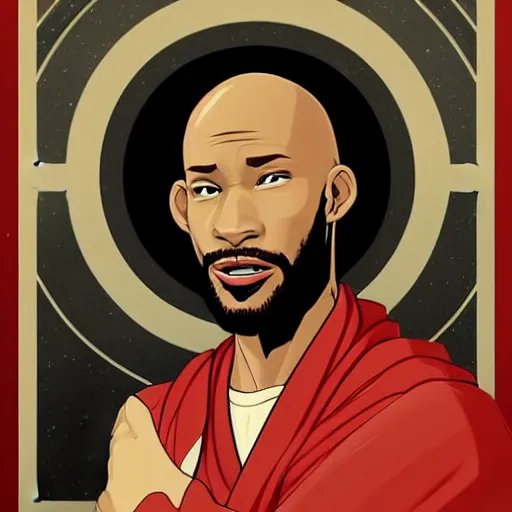 Prompt: a bald, coffee - skinned terrence boyd as a saint with halo wearing a red kimono, clean cel shaded vector art. shutterstock. behance hd by lois van baarle, artgerm, helen huang, by makoto shinkai and ilya kuvshinov, rossdraws, illustration,