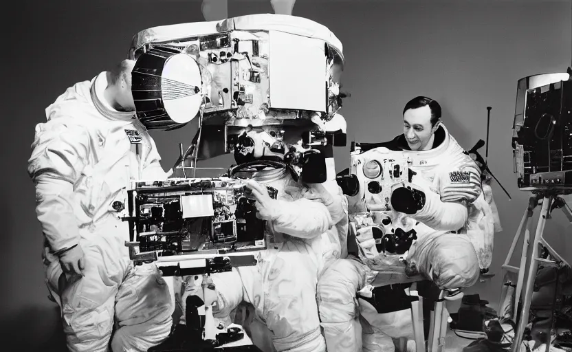 Prompt: Behind the scenes photos of the faked Apollo 11 Lunar landing on a Hollywood sound stage directed byStanley Kubrick. Rolleiflex Automat 6×6 Model RF 111A. Black and white