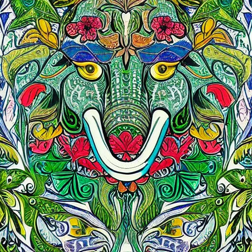 Prompt: colourful ornate decorative green man as an elephant face by louis wain and william morris, closeup, twisting leaves, 8 k, artstation