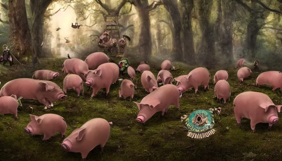 Prompt: a crowd of pigs playing orchestral instruments in a grindcore show in the middle of a liminal forest, realistic, 4 k,