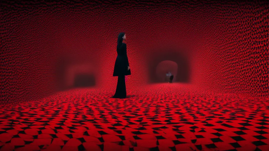 Image similar to a warped tunnel of irregular red and black checkerboard pattern drowns a woman in a white gown, 4k film still from the movie directed by Denis Villeneuve with art direction by Zdzisław Beksiński, wide lens