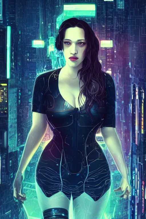 Image similar to portrait futuristic Kat Dennings, in future cyberpunk tokyo rooftop , sci-fi, fantasy, intricate, very very beautiful, elegant, neon light, highly detailed, digital painting, artstation, concept art, smooth, sharp focus, illustration, art by tian zi and WLOP and alphonse mucha