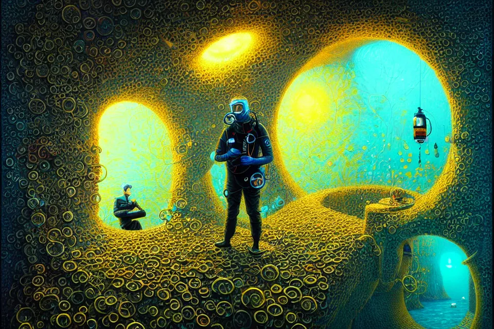 Image similar to gediminas pranckevicius detailed portrait of a cyberpunk scuba diver inside a dmt portal by james r eads and tomasz alen kopera