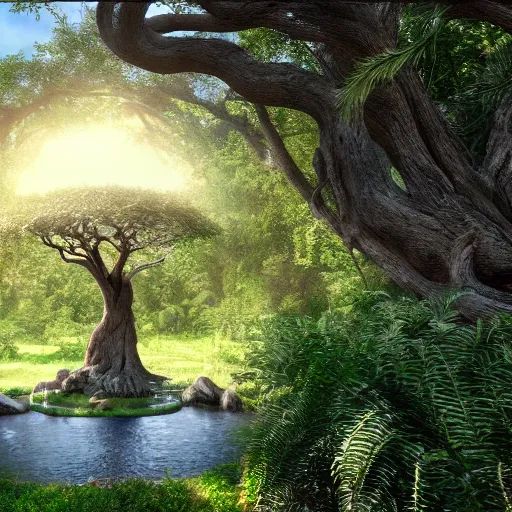 Image similar to a realistic photograph of the garden of eden with the tree of life in the center, hyperrealistic, cinema 4 d, cinematic, rendering unreal engine 5