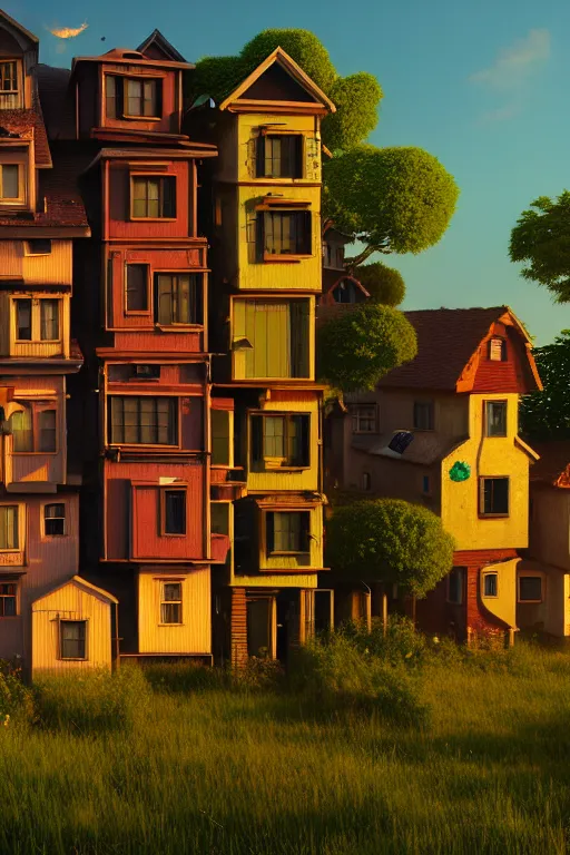 Prompt: stacked houses, solarpunk, golden hour, studio ghibli, jean - baptiste monge, octane render, 4 k