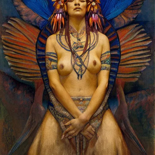 Image similar to coronation of the dawn, by Annie Swynnerton and Nicholas Roerich and Diego Rivera, bioluminescent skin, feather tattoos, elaborate costume, geometric ornament, symbolist, soft colors, smooth, sharp focus, extremely detailed